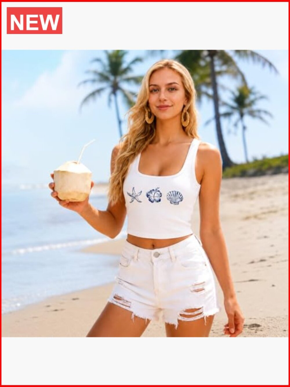 Beach Hawaiian Hibiscus Crop Tank Top Floral Seashell Summer Graphic Tee - Picture 2 of 7